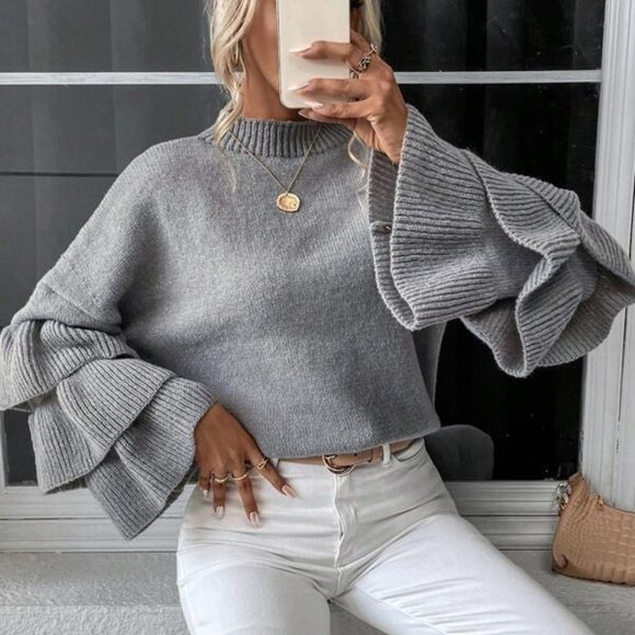 Dark Gray Layer Sleeve Ruffle Pullover Sweater - Picture 2 of 4